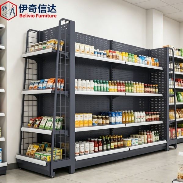 Heavy Duty Shop Shelves - Modern Grocery Store Shelf with Condiment & Drink Arrangement