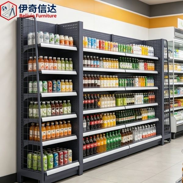 Heavy Duty Shop Shelves - Supermarket Retail Display with Beverage Products